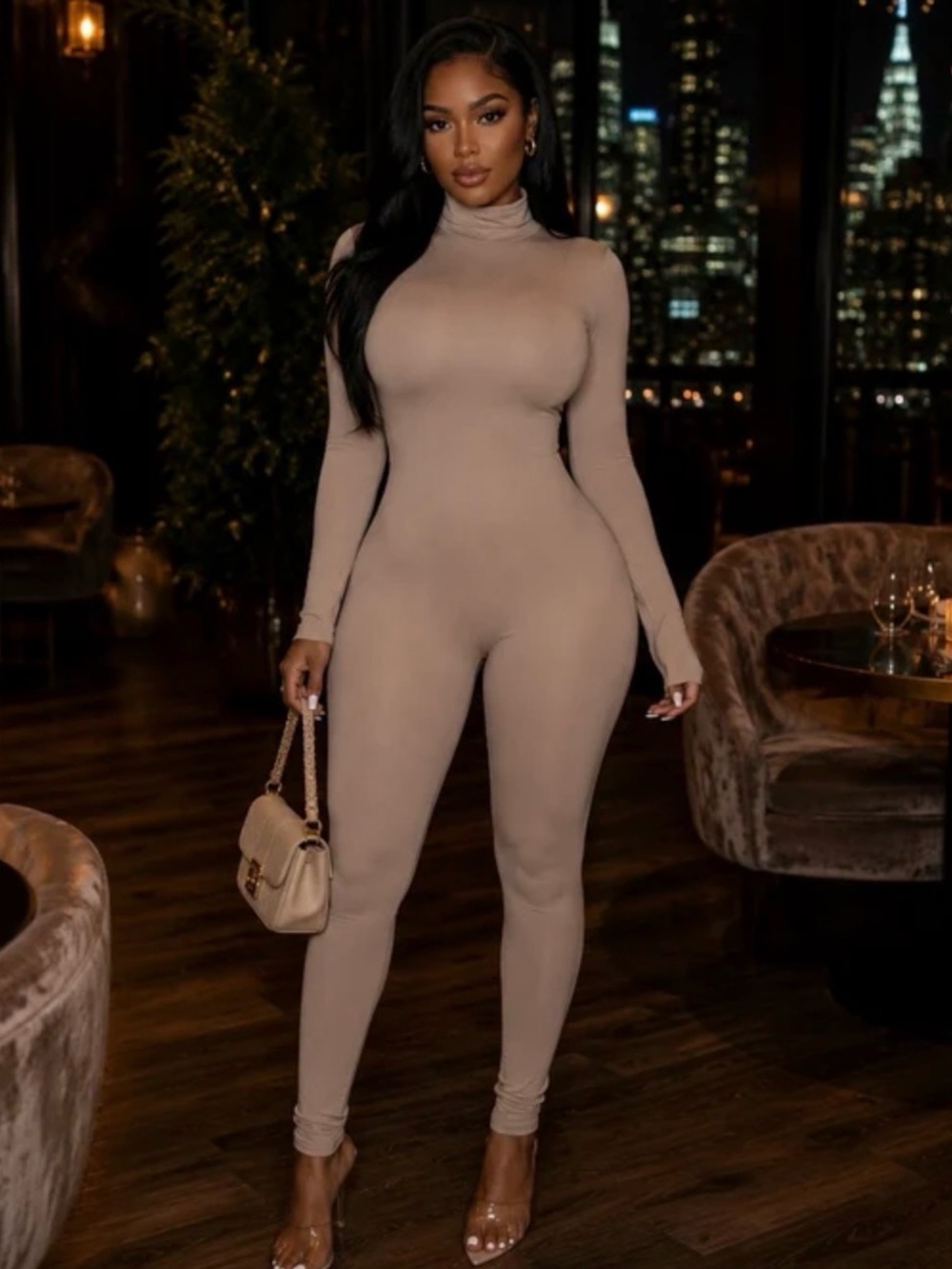 Slim Fit Taupe Long-Sleeve Jumpsuit